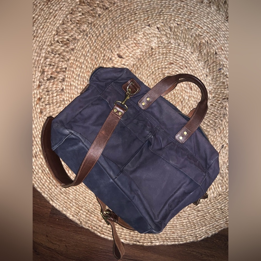 Ernest Alexander Alex briefcase navy canvas brown leather  bag overnight $400